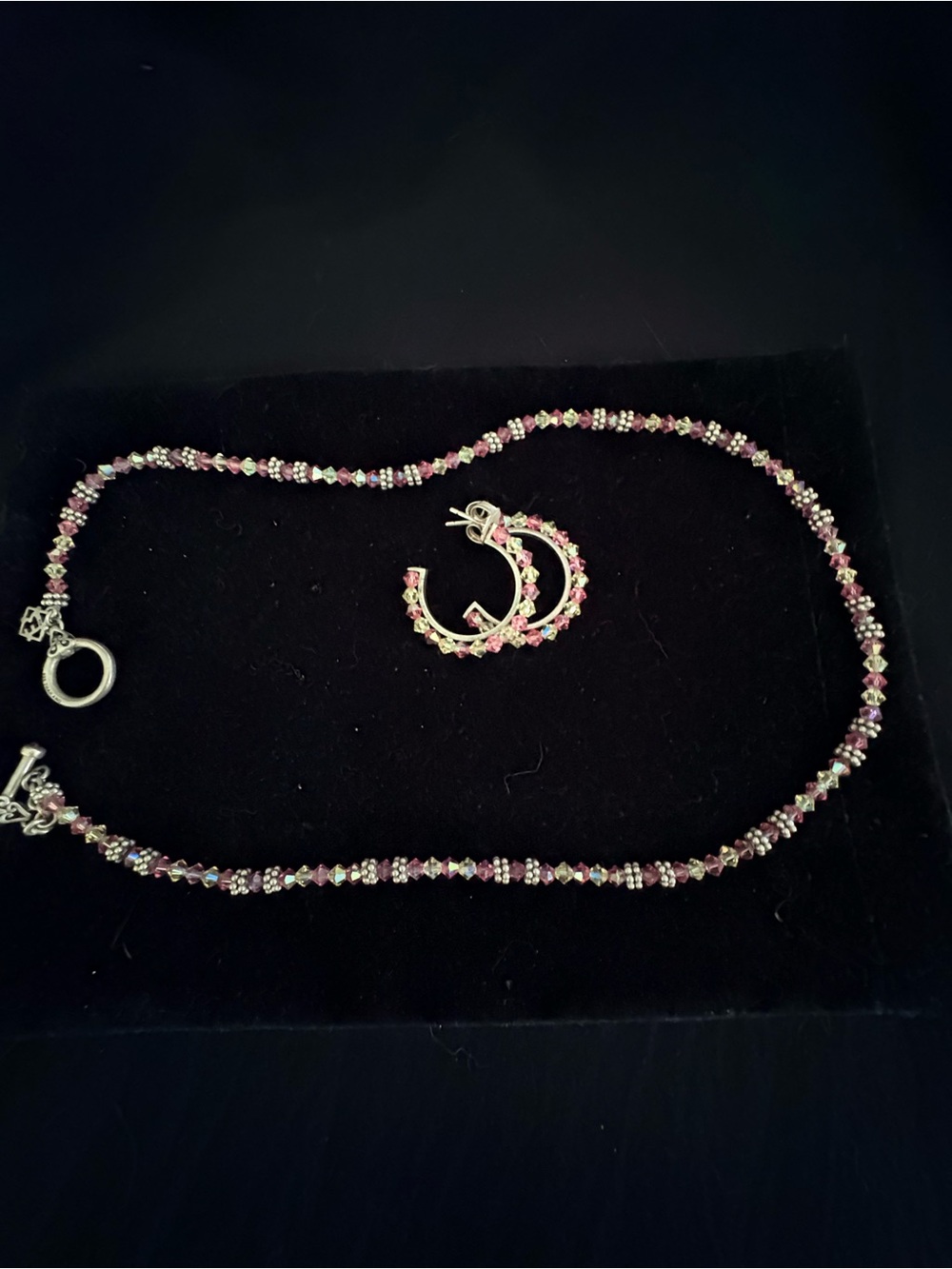 Pink Crystal Beaded Necklace and Hoop Earrings Set
